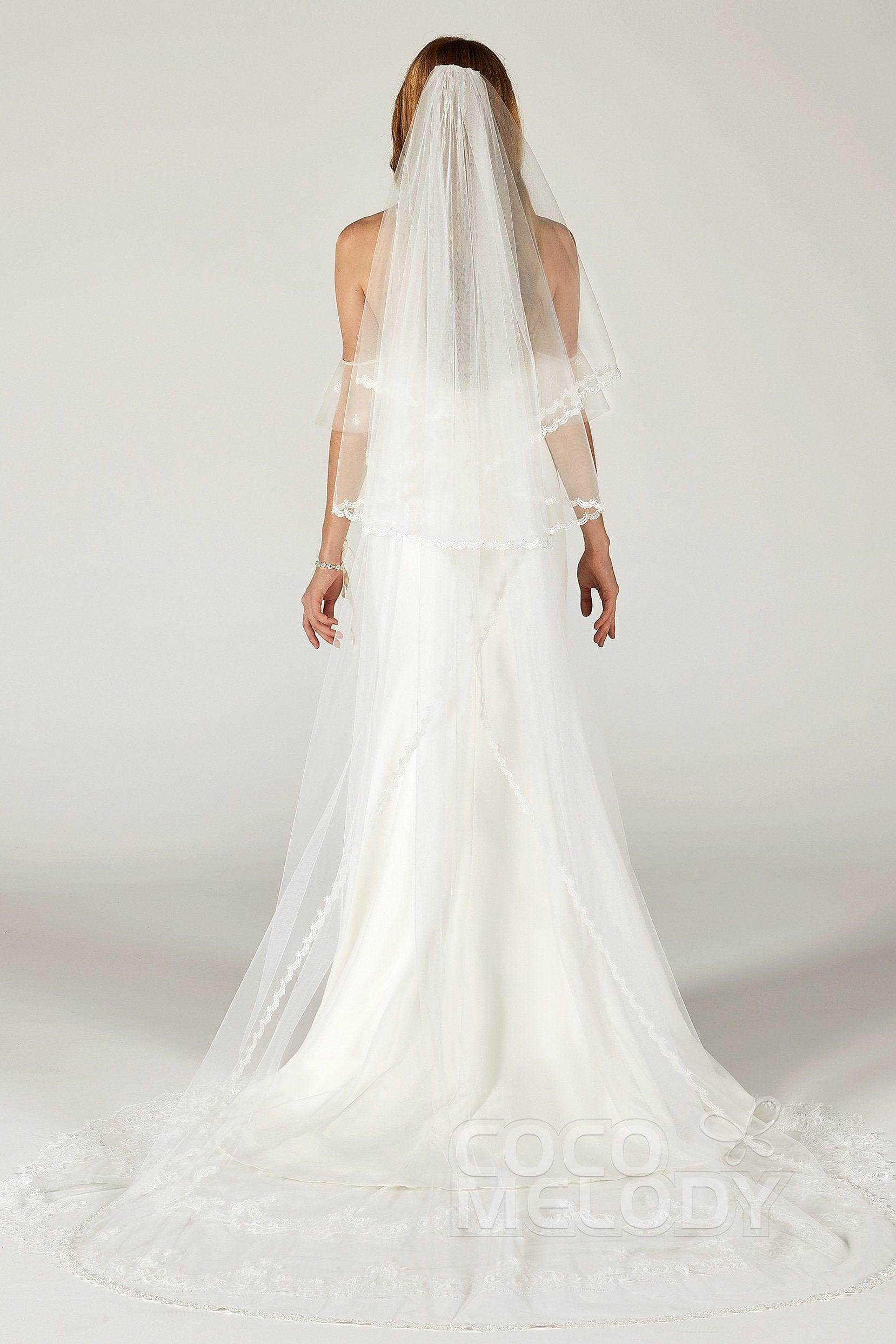 Two-tier Lace Edge Tulle Chapel Veils with Appliques CV0210 - COCOMELODY